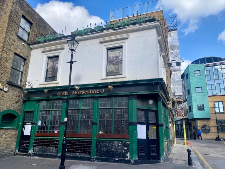 Exterior daytime shot of the Horseshoe Pub in central Clerkenwell, closed for renovations.