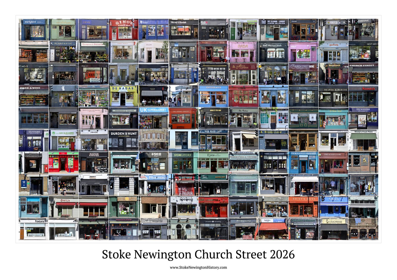 A collage with photos of all the shopfronts in Stoke Newington in 2026